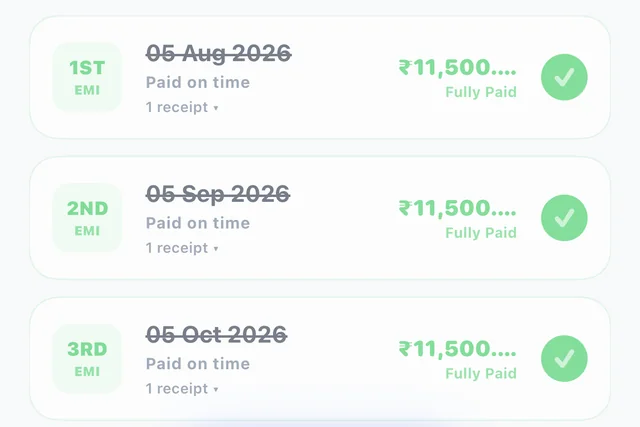 VyajPay loan Schedule tab: first three instalments marked Paid on time and Fully Paid