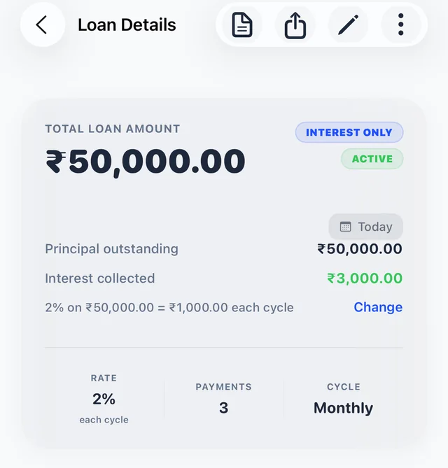 VyajPay loan detail screen: ₹50,000 interest-only loan, rate 2% each cycle, monthly cycle, ₹1,000 each cycle
