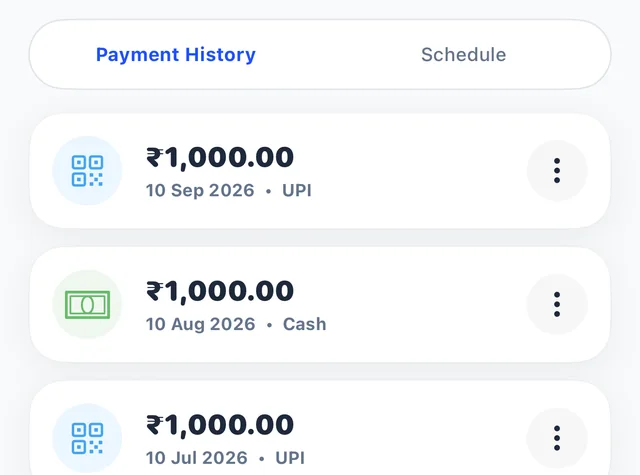 VyajPay Payment History: three payments of ₹1,000 on 10 Jul, 10 Aug and 10 Sep 2026, by UPI and cash