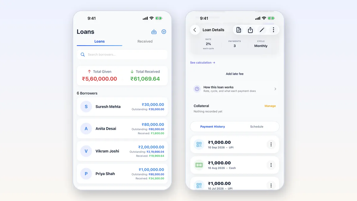 VyajPay app: Loans list with Total Given and Total Received, and a loan's payment history