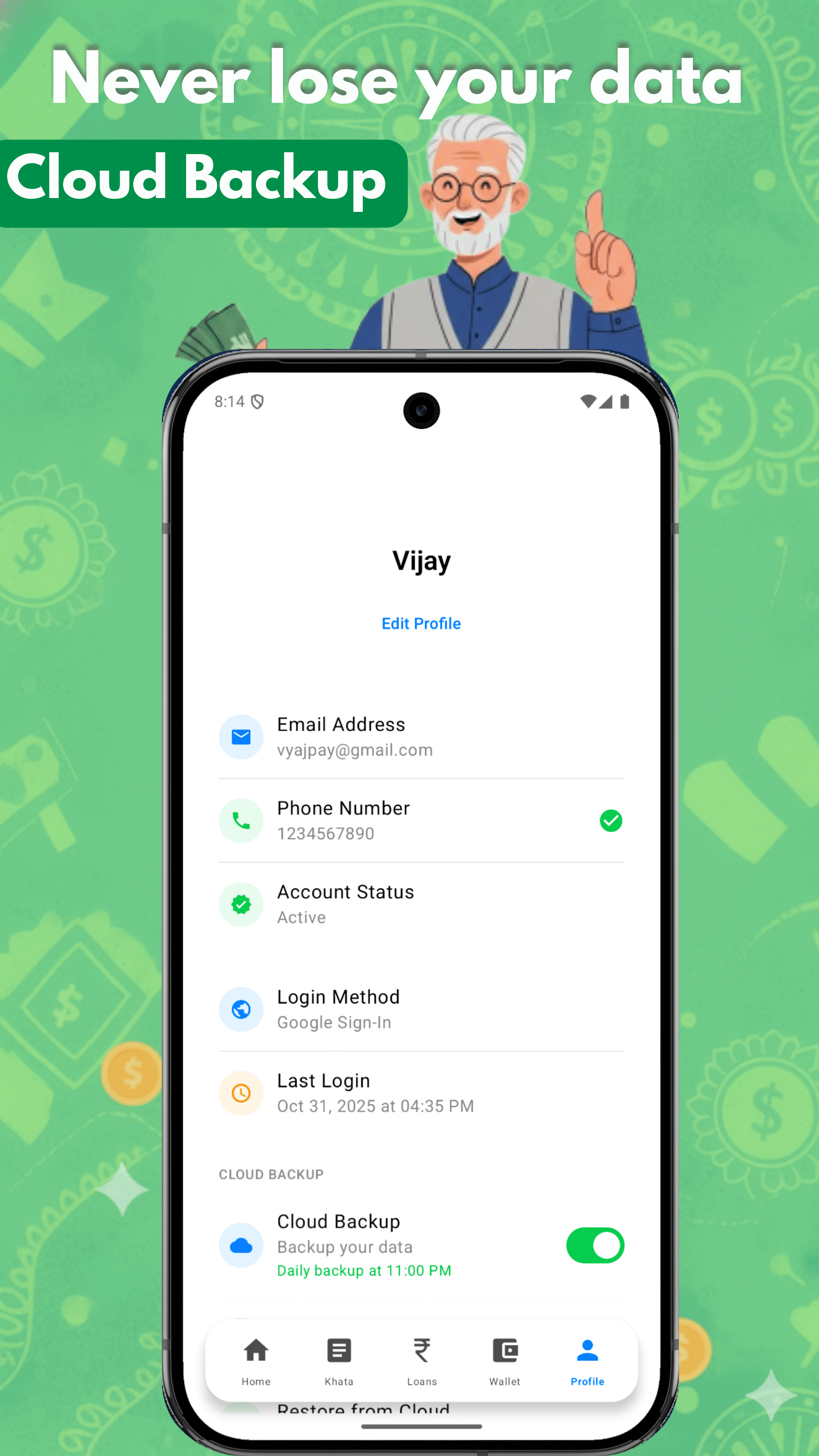VyajPay iPhone screenshot — Backed up and synced